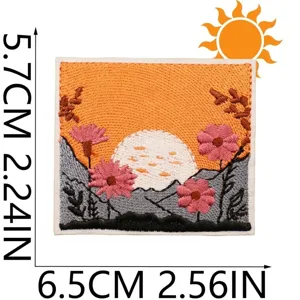 Sunset landscape embroidered patch detail shot, premium stitching for clothing decoration crafts.