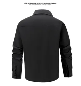 Back view detail of men black casual long sleeve utility shirt with button cuffs and collar.