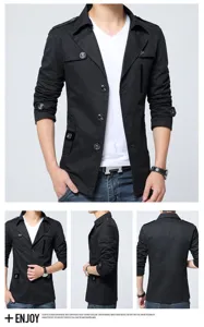 Men's black slim fit trench coat autumn winter casual long jacket with lapel and pockets.