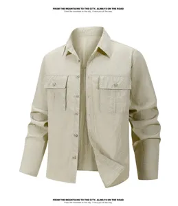 Men outdoor breathable utility shirt detail view, long sleeve khaki tactical workwear top.