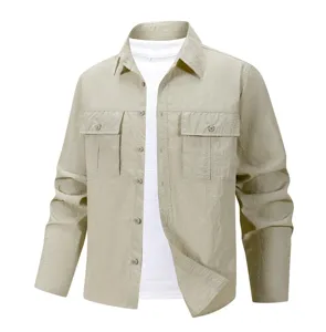 Details of men's casual breathable cargo shirt pocket and collar design for outdoor wear.