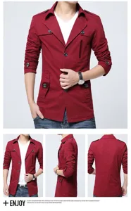 Stylish men red slim fit mid-length trench coat autumn winter casual cotton jacket outerwear
