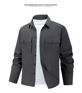 Detailed view of men's tactical cargo shirt, breathable fabric, multi-pocket design.