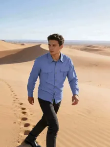 Men's long sleeve utility shirt casual outdoor tactical button down top with double pockets.