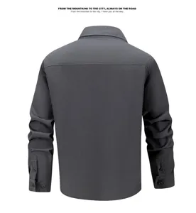 Back detail view of dark grey long sleeve outdoor casual utility shirt for men with pocket.