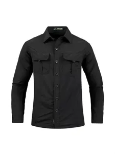 Men's Long Sleeve Tactical Utility Shirt Black Casual Workwear Button Down Top Outdoor