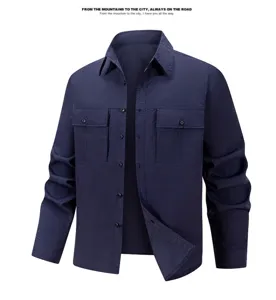 Detail view of mens tactical utility shirt long sleeve with chest pockets and button closure.