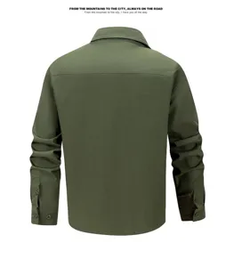 Men outdoor tactical long sleeve hiking shirt detail back view green breathable fabric