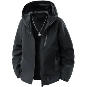 Heren zwarte capuchon windjack, waterdichte comfortabele outdoor jas voor herfst lente.