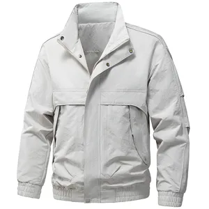 Giacca Casual Uomo Grigio Chiaro Collo Alto Primavera Autunno Moda Giacca A Vento Esterna