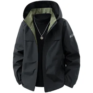 Men's Outdoor Hooded Windbreaker Jacket Casual Waterproof Fall Spring Coat Black