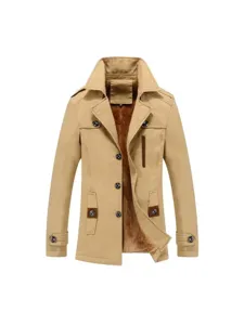 Men's fleece lined mid length khaki winter jacket warm casual slim fit windbreaker coat