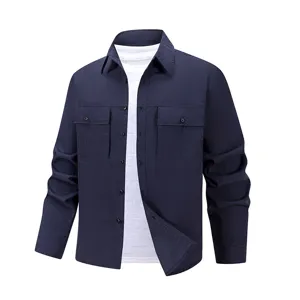 Men's long sleeve tactical utility shirt with multi pockets and lapel collar for outdoor sports.