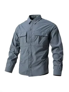 Men's Long Sleeve Tactical Shirt Casual Outdoor Button Down Workwear Gray Tops Spring