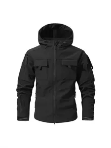 Veste Softshell Tactique Noire Pour Homme Capuche Cargo Coupe-Vent Manteau Haut