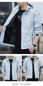 Detailed view of the stylish camouflage windbreaker jacket showing inner mesh and cuff design.