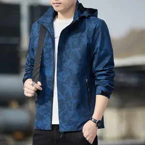 Men's blue geometric camo hooded windbreaker jacket for outdoor sports and daily wear.