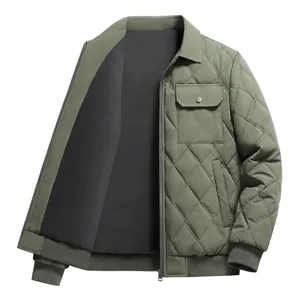 Men's winter quilted jacket in green, thickened lapel business casual outerwear top.