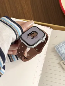 Correa de reloj de silicona con lunares, pulsera marrón con puntos rosados compatible Apple Watch.