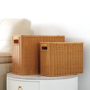 Boîte de rangement haute et étroite avec couvercle, organiseur en rotin synthétique pour coin.