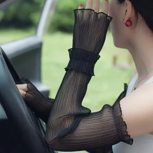 Manches de protection solaire en résille plissée noire pour femmes, anti-UV, été fin.