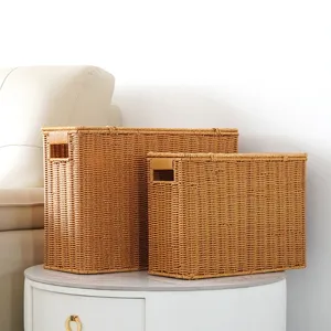 Boite de rangement en rotin etroite et haute avec couvercle, panier de rangement chic