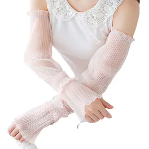 Manchettes de protection solaire été femme rose plissé mesh anti-UV manches fraîches