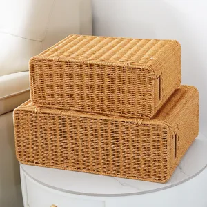 Boîte de rangement tressée avec couvercle, organisateur imitation rotin, panier d'angle étroit