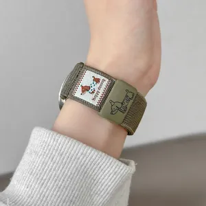 Olijfgroene geweven nylon magnetische horlogeband met schattig teckel-ontwerp voor horloge