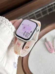 Close-up detail of cute pink bear and bow TPU watch strap for smart watch, soft and durable.