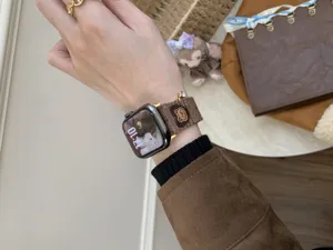 Corduroy apple watch strap with cute bear embroidery and star charm for stylish daily wear detail