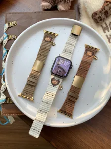 Corduroy watch band compatible with Apple Watch, cute bear and star pattern with metal buckle.
