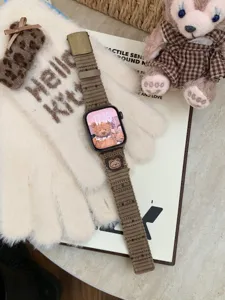 Corduroy Apple Watch Band with Cute Bear Accent Soft Replacement Strap for iWatch Series
