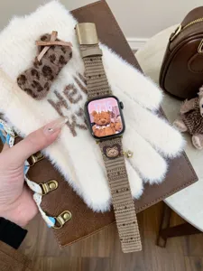 Corduroy bear pattern replacement watch strap compatible with Apple Watch, retro brown design detail.