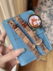 Denim watch strap with cute teddy bear charm for smart watch band replacement accessories.