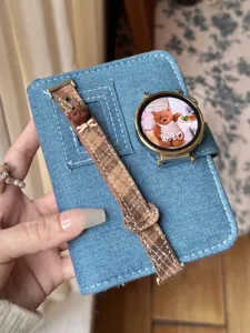 Denim watch case and brown plaid strap with cute bear charm for smart watch accessory