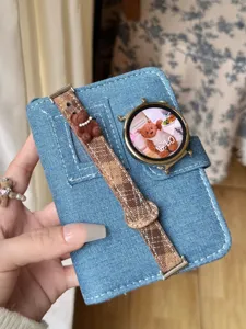 Brown plaid watch strap with cute bear charm and pearls, stylish denim fabric replacement band.