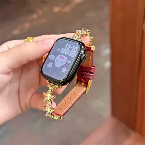 Bracelet de montre en cuir étoile métal compatible avec Apple Watch 10 11 élégant.