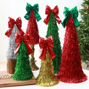 Glänzendes Lametta Weihnachtsbaum Turm Ornament Mit Großer Schleife Für Feiertage Tischplatte Schaufenster Fenster Weihnachtsdekoration