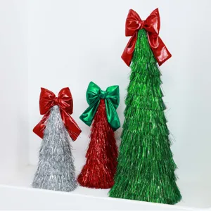 3er Set Lametta Kegel Weihnachtsbaeume mit grossen Schleifen, ideale Feiertagsfensterdeko.