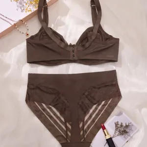 Damen Übergröße Bügel BH und Slip Set atmungsaktiv gestreift dunkelbraun Unterwäsche Haupt