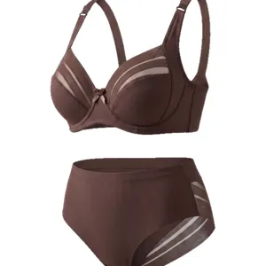 Damen Große Größen Bügel-BH und Slip Set gestreiftes Mesh atmungsaktive Lingerie braun