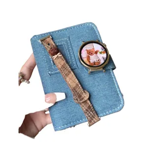 Denim smartwatch strap with plaid pattern and cute bear charm, compatible for smart bands.