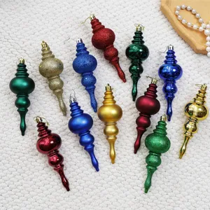 Colorful assorted Christmas tree hanging ornaments, matte glitter teardrop baubles set.