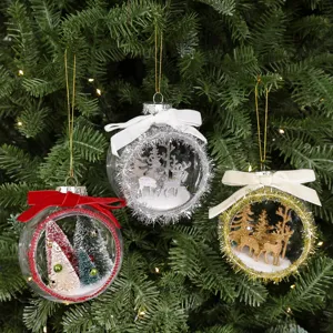 Clear plastic Christmas tree hanging baubles with miniature dioramas and bows, 3pcs