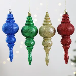 Hanging glitter Christmas ball ornaments set, decorative holiday finial baubles for tree.