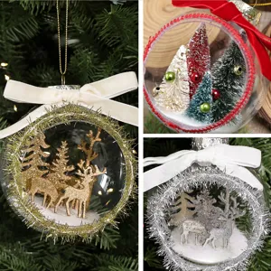 Close-up details of transparent Christmas tree hanging bauble with miniature forest landscape.