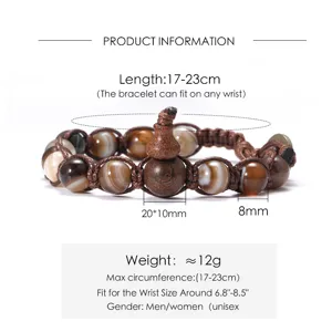 Bracelet Charm Gourde en Pierre Naturelle Oeil de Tigre Agate Fait Main Corde Tressée Unisexe Ethnique Bracelet de Perles Ajustable Bijoux Cadeau