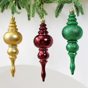 Hanging Christmas tree ornaments set featuring matte gold, shiny red and glitter green baubles.