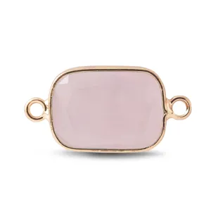 Gros plan détaillé du connecteur rectangulaire en quartz rose naturel à doubles anneaux.